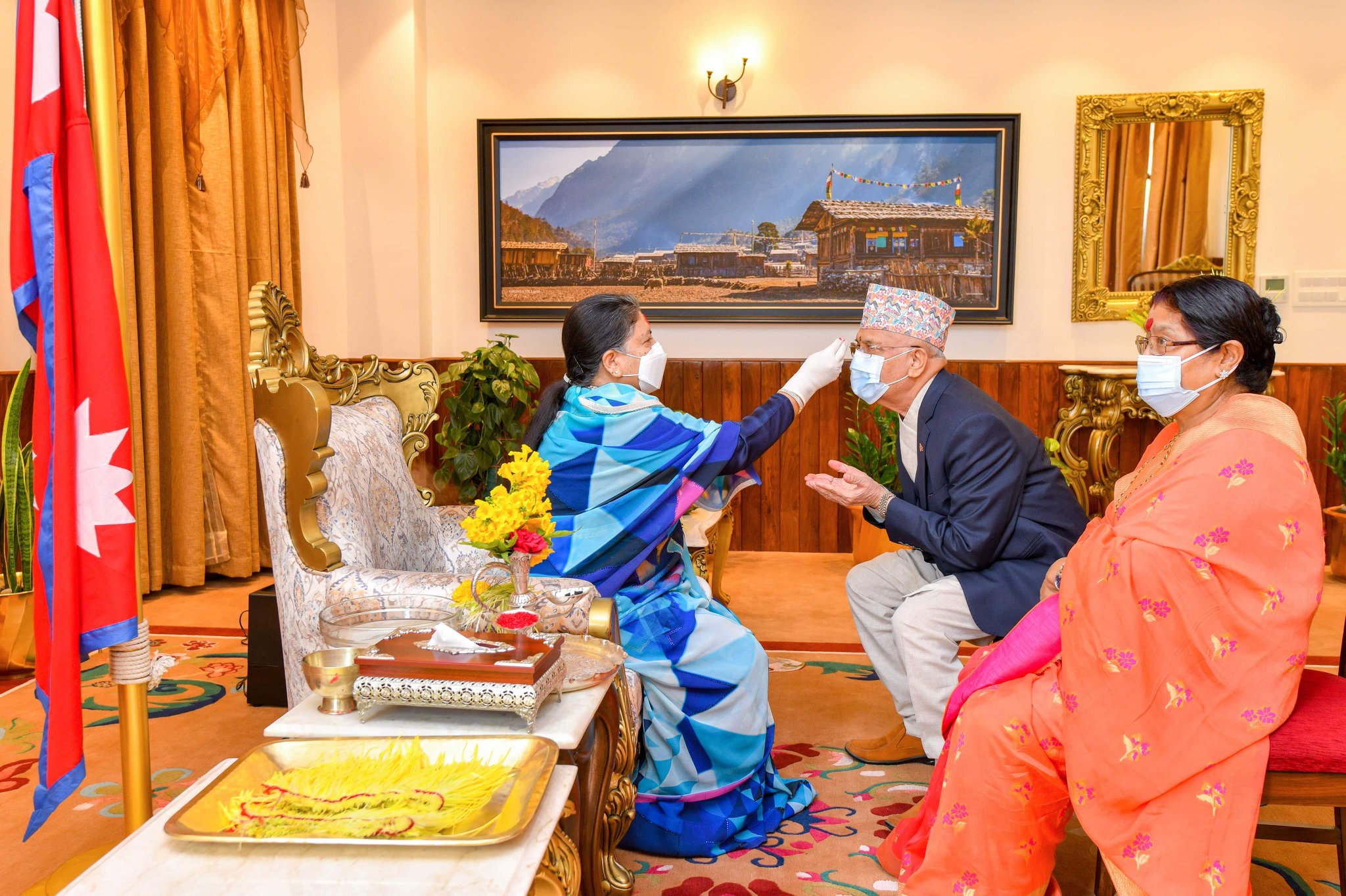 President Bhandari Offers Tika To Prime Minister Oli