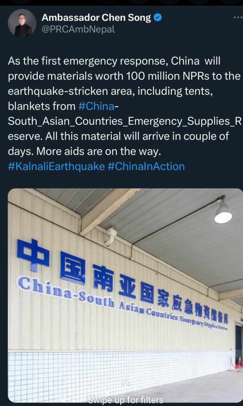 China to provide emergency materials worth Rs. 100 million to quake-hit people